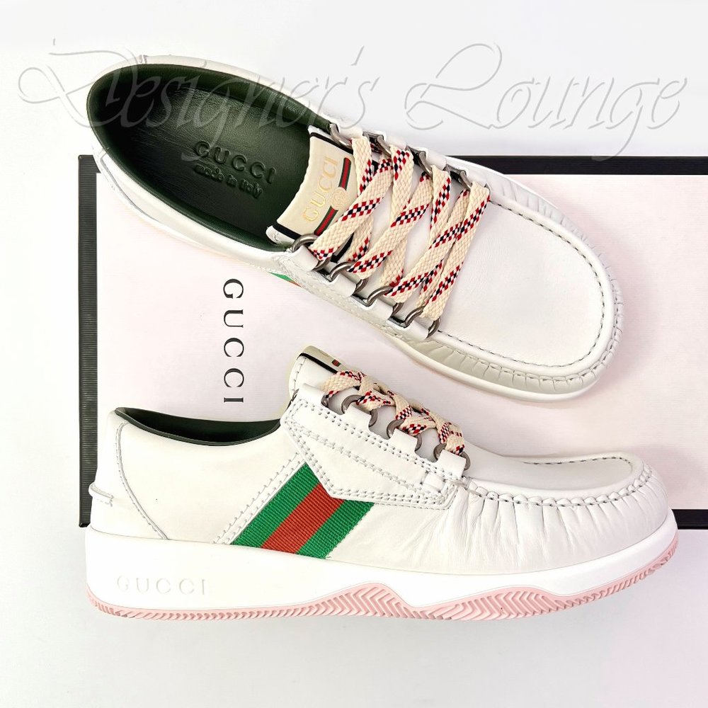 NEW GUCCI Men's Agrado 8 G / 8.5 US WEB White Leather Sneakers Shoes $750